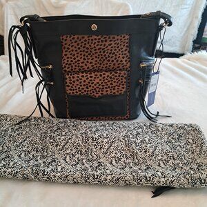 Rebecca Minkoff Cheetah print leather handbag with duster bag.  No call outs.